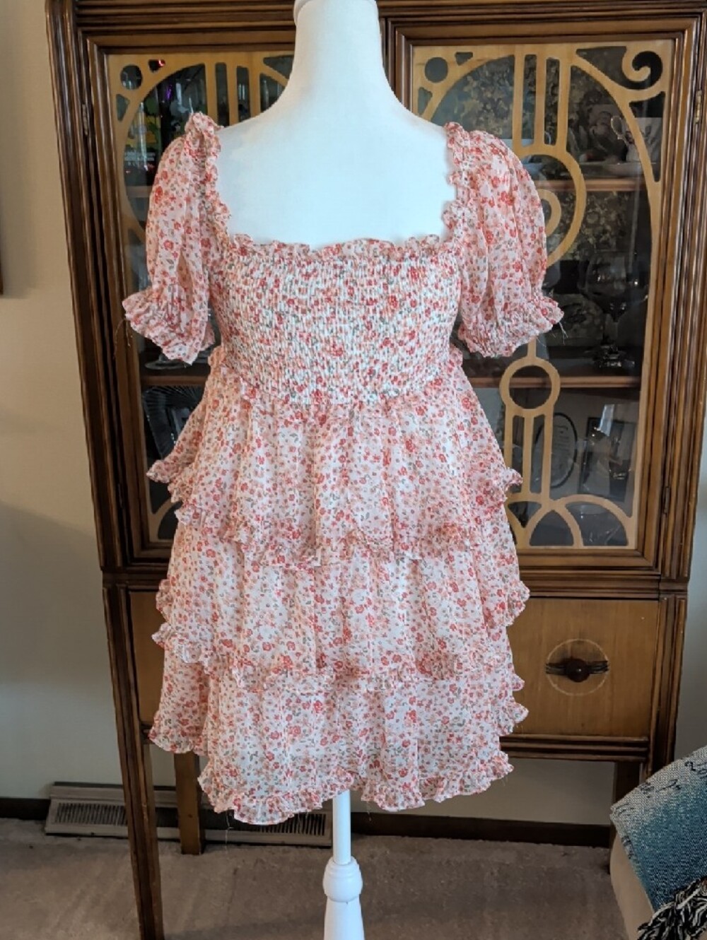 Altar'd State Pink Floral Tiered Ruffle Mini Dress - Picture 2 of 4